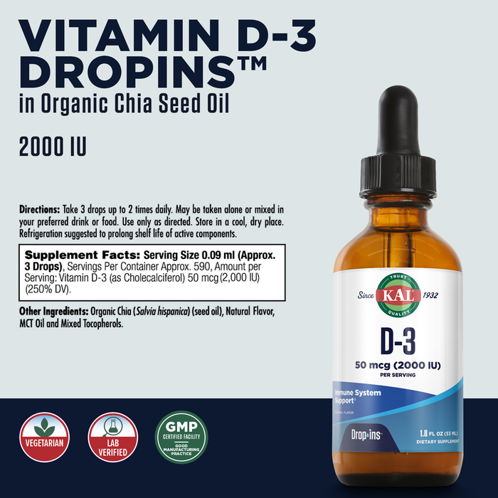 KAL Vitamin D3 2000 IU (50 mcg) DropIns - Liquid Vitamin D3 Drops - Bone Strength and Immune Support Supplement - Vegetarian, 60-Day Guarantee, Approx. 590 Servings, 1.8oz