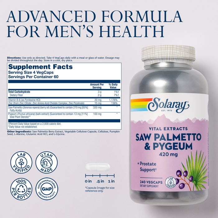 SOLARAY Saw Palmetto and Pygeum - Saw Palmetto for Men and Pygeum Bark - With Zinc, Vitamin B6, Pumpkin Seed and Amino Acids - Prostate Supplements for Men w/ Beta Sitosterol