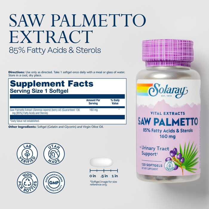 Solaray Saw Palmetto Extract - Prostate Health and Urinary Tract Support - 136 mg Fatty Acids and Sterols - Lab Verified, 60-Day Money-Back Guarantee