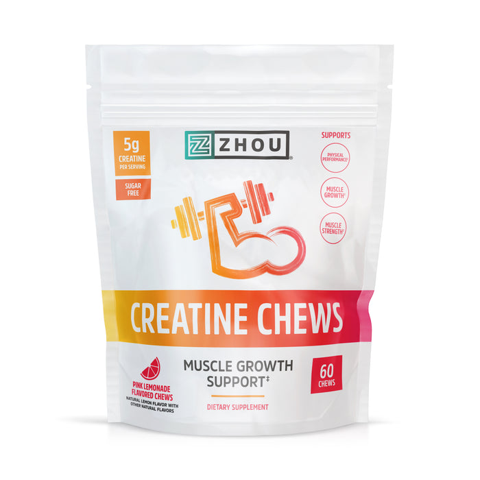 Zhou Nutrition Creatine Monohydrate Chewables 5g for Men & Women, Sugar Free, Organic, Non GMO, Pink Lemonade, 60 Creatine Gummies