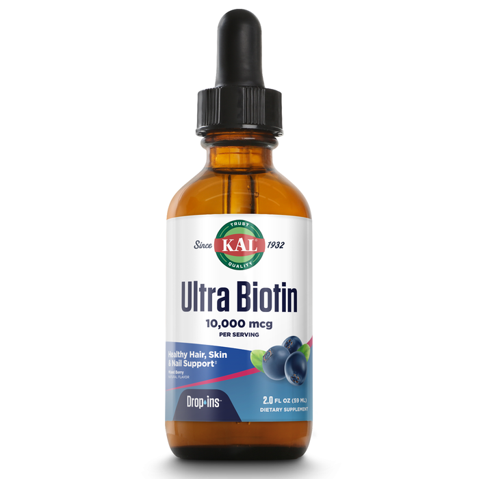 KAL Ultra Biotin 10000mcg DropIns, Liquid Biotin Drops, Hair Growth Supplement, High Potency Vitamin B7, Healthy Hair, Skin, Nails and Energy Support, Natural Mixed Berry Flavor, Approx. 59 Serv, 2oz