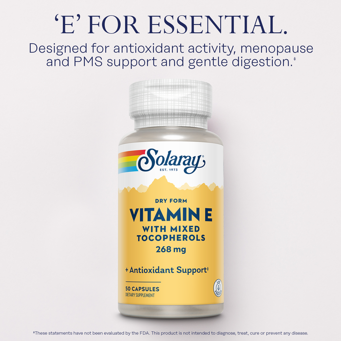 SOLARAY Vitamin E 400 IU (268mg), Dry Form with Mixed Tocopherols Vitamin E - Antioxidant Supplement, PMS and Menopause Support - 60-Day Guarantee, Lab Verified - 50 Servings, 50 Capsules