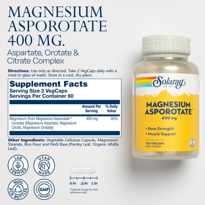 SOLARAY Magnesium Asporotate - Chelated Magnesium 400mg w/ Magnesium Citrate, Orotate and Aspartate - Bone Health, Muscle, Heart Health and Relaxation Support, 60-Day Guarantee, 30 Serv, 60 VegCaps (60 Servings, 120 VegCaps)