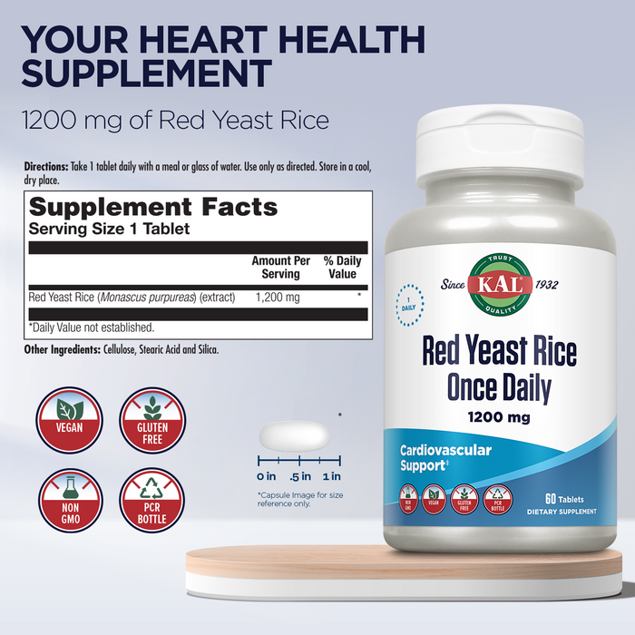 KAL Red Yeast Rice Once Daily 1200mg. Capsules With Unsaturated Fatty Acids, Amino Acids & Phytonutrients Rapid Disintegration, 60 Count