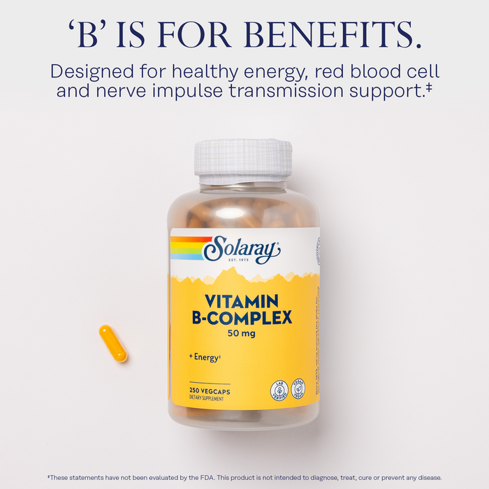 SOLARAY Vitamin B Complex 50 mg - Cellular Energy Vitamins - Metabolism and Nerve Health Support with Vitamin B12, Vitamin B1, B6, Niacin, Folic Acid, Biotin and Other B Vitamins - Vegan, 250 VegCaps