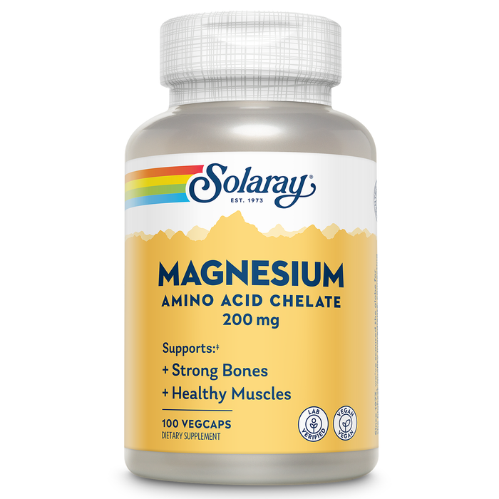 Solaray Magnesium Amino Acid Chelate 200 mg, Chelated Magnesium Supplement for Bone Health, Heart Health and Muscle Function Support, Vegan, 60-Day Money Back Guarantee, 100 Servings, 100 VegCaps