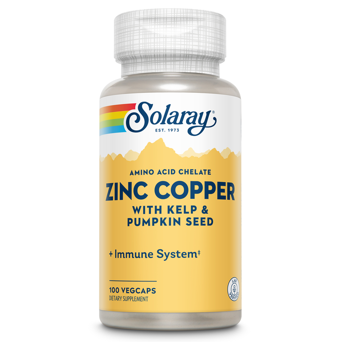 SOLARAY Zinc Copper Amino Acid Chelate - Immune Support Supplement w/ Chelated Zinc 50mg - Bone, Skin, Heart Health and Thyroid Support - With Iodine from Kelp, 60-Day Guarantee, 100 Serv, 100 VegCaps