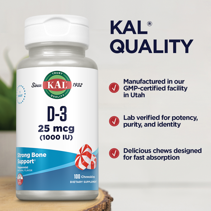 KAL Vitamin D3 1000 IU 25 mcg, Vitamin D Chewables, Calcium Absorption, Bone Health and Immune Support Supplement, Natural Peppermint Flavor, Sweetened with Xylitol, 100 Servings, 100 Chews