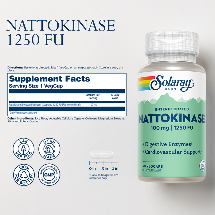 Solaray Nattokinase Supplement - Nattokinase 100mg, 1,250 FU - Traditional Health Support Supplement - Lab Verified, 60-Day Guarantee - 30 Servings, 30 VegCaps