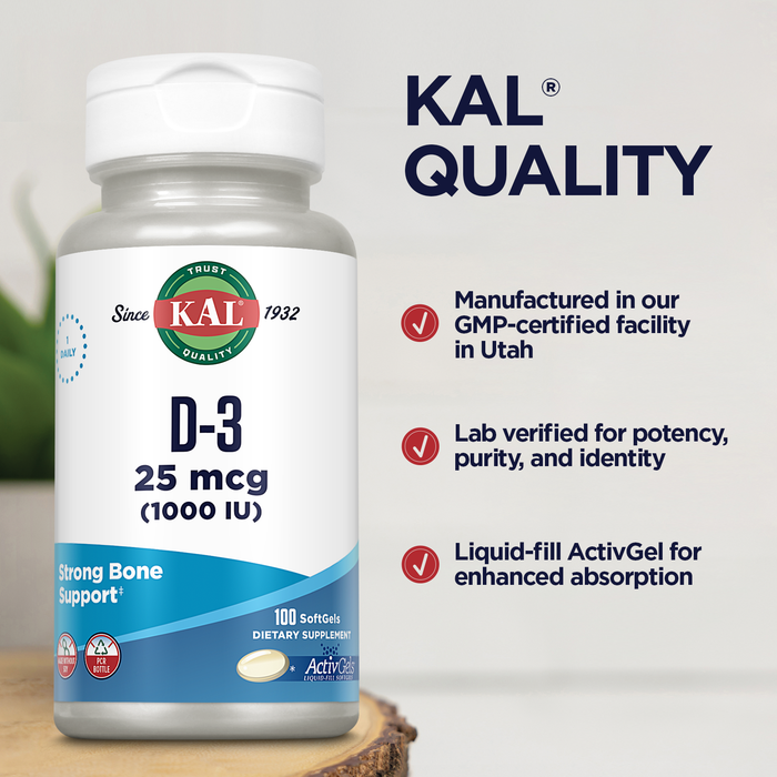 KAL Vitamin D3 1000 IU Softgels (25 mcg), Active Form of Vitamin D, Calcium Absorption, Bone Health, Immune Support Supplement, Liquid Filled ActivGel, Made Without Soy, 100 Servings, 100 Softgels