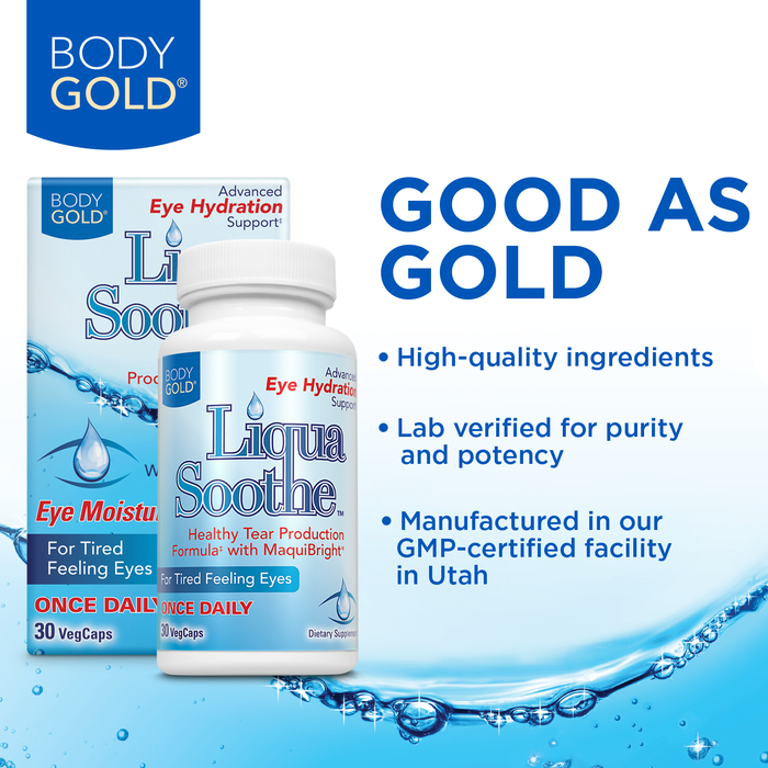 Body Gold Liqua Soothe Eye Health Supplement, Healthy Tear Production Formula for Dry, Tired Feeling Eyes, w/ MaquiBright, Vitamin A, Lutein and Hyaluronic Acid, 60 Day Guarantee, 30 Serv, 30 VegCaps