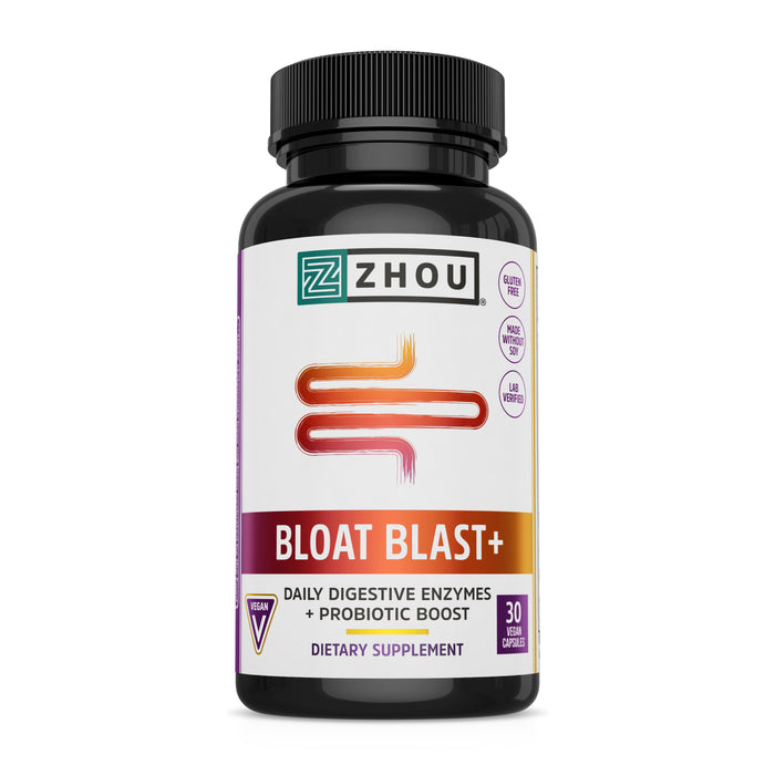 Zhou Nutrition Bloat Blast+ Digestive Enzymes with Probiotics, Bloating Relief for Women and Men, Reduce Water Retention and Improve Digestive Health, Vegan, Non-GMO, Gluten Free, 30 Servings