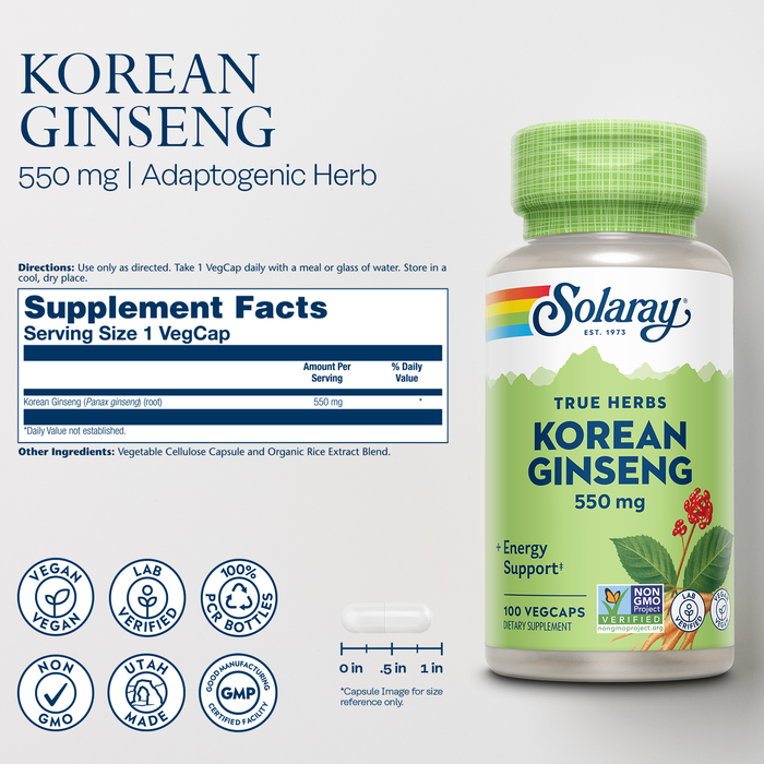 Solaray Korean Ginseng 550 mg - Ginseng Root - Stress, Physical Endurance and Energy Supplements - Non-GMO, Vegan, Lab Verified - 100 Servings, 100 VegCaps