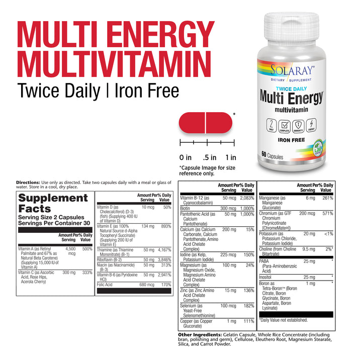 Solaray Twice Daily Multi Energy Multivitamin, Iron Free | Complete Multi for Immune & Energy Support | Non-GMO | 120ct