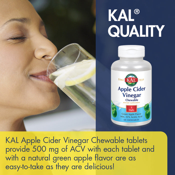 KAL Apple Cider Vinegar Chewable 500mg | Digestion & Cleansing Support | Green Apple Flav | 60ct