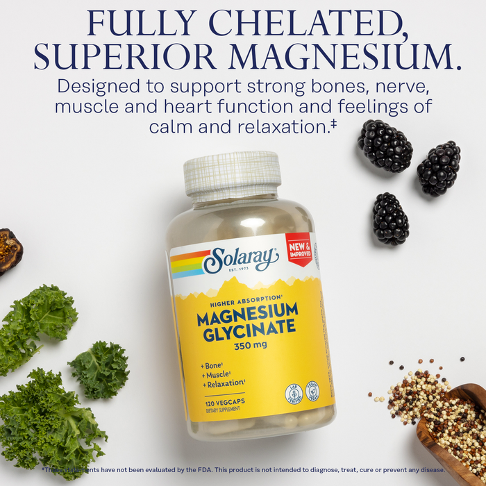 SOLARAY Magnesium Glycinate Capsules, Chelated Magnesium Bisglycinate w/ BioPerine, Higher Absorption Magnesium Supplement - Bones, Muscles, Heart Support, Vegan