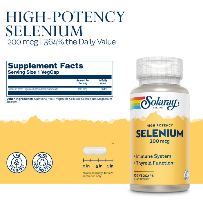 Solaray Selenium, High Potency, Healthy Immune System, Thyroid Function & Antioxidant Support, 100 VegCaps