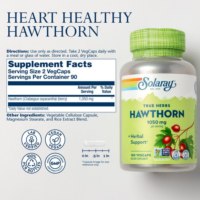 Solaray Hawthorn Berry Capsules 1050 mg, Hawthorne Supplement for Cardiovascular Function & Circulation Support, 60 Day Money-Back Guarantee, Whole Berry, Vegan, 90 Servings, 180 VegCaps