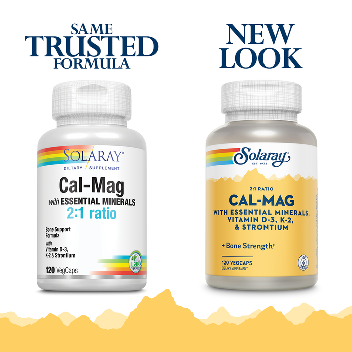 Solaray Cal-Mag with Essential Minerals | Calcium, Magnesium, Strontium, Vitamins D-3 & K-2 | 30 Serv | 120 VegCaps