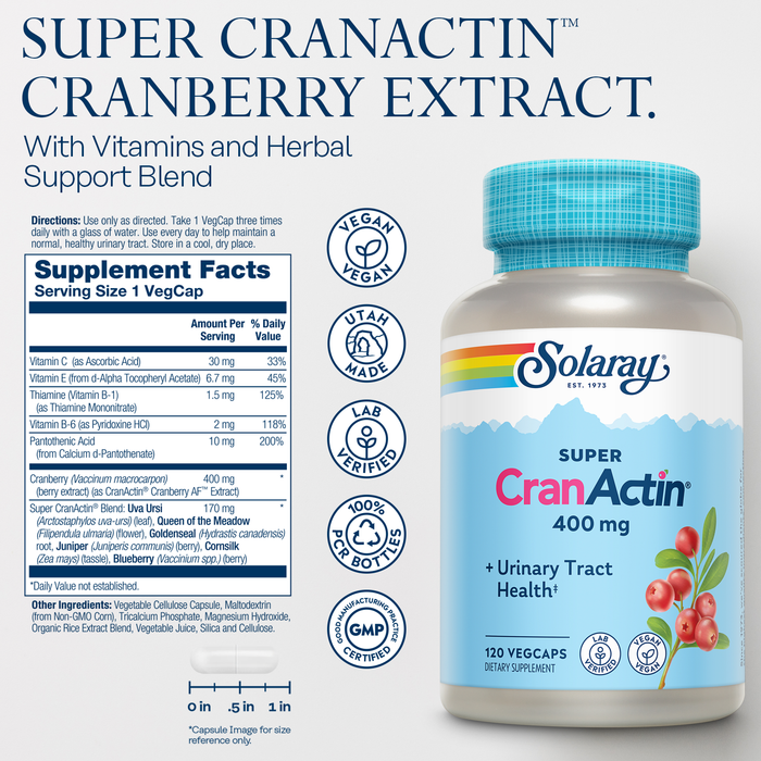 SOLARAY Super CranActin 400mg Cranberry Supplement, Supports Urinary Tract Health for Women and Men - Cranberry Pills w/ Uva Ursi, Vitamin C, Herbal Blend, Vegan, 60-Day Guarantee, 60 Serv, 60 VegCaps