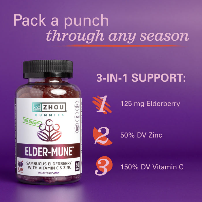 Zhou Nutrition Elder-Mune Sambucus Elderberry Gummies with Zinc and Vitamin C for Kids & Adults (Age 4+) Immune Support with Antioxidants, Vegan, Gluten Free, Non-GMO, 30 Servings, 60 Gummies