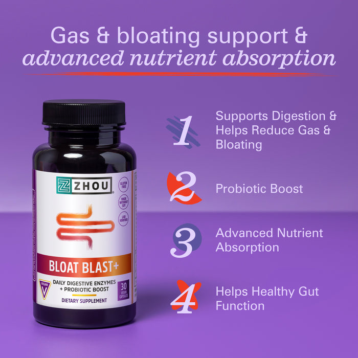 Zhou Nutrition Bloat Blast+ Digestive Enzymes with Probiotics, Bloating Relief for Women and Men, Reduce Water Retention and Improve Digestive Health, Vegan, Non-GMO, Gluten Free, 30 Servings