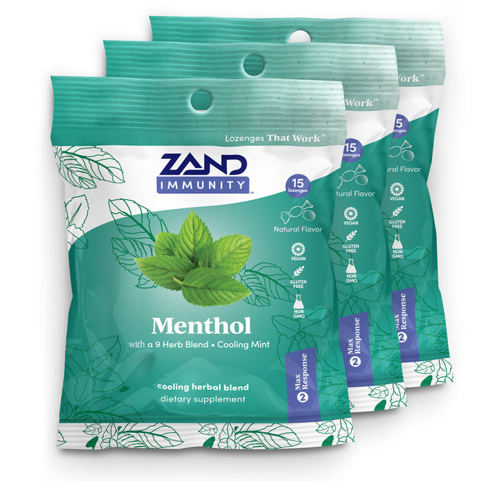 Zand Immunity Menthol HerbaLozenge Cough Drops | Peppermint, Eucalyptus, Herb Blend | No Corn Syrup (3 Bags, 15 Lozenges)