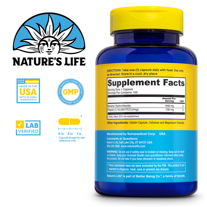 NATURE'S LIFE Betaine HCL with Pepsin - Digestive Health Formula with Digestive Enzymes for Gut Health Support - High Potency Hydrochloric Acid Supplement, 60-Day Guarantee, 100 Servings, 100 Capsules