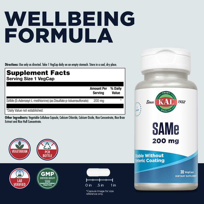 KAL SAMe 200mg (S-adenosyl-L-methionine), Nervous System, Wellbeing and Mood Support Supplement, Enhanced Absorption, No Enteric Coating Needed, Vegetarian, 60-Day Guarantee, 30 Serv, 30 VegCaps