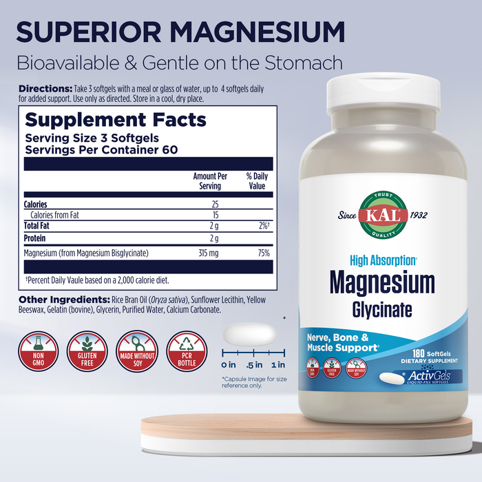 KAL Magnesium Glycinate ActivGels 315mg, Fully Chelated, High Absorption Magnesium Supplement for  Relaxation, Muscle & Bone Support, Non-GMO, Gluten Free, 60 Servings, 180 Softgels