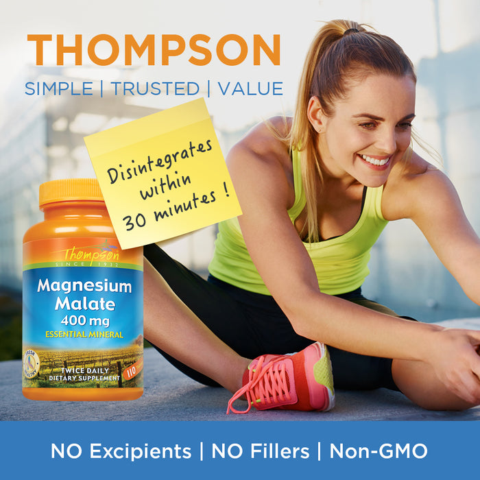 Thompson Magnesium Malate 400mg | Healthy Muscle & Nerve Function Support | Energy Production Aid | Quick Tablet Disintegration | Vegetarian | 120ct