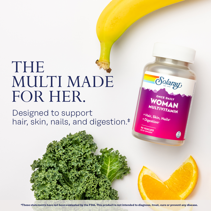 Solaray Once Daily Woman Multivitamin with Iron, Womens Multivitamin with Hair, Skin & Nails Blend, Enzyme Blend & Whole Food Base, Healthy Energy, Immune & Digestion Support, 90 Servings, 90 VegCaps