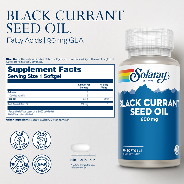 SOLARAY Black Currant Seed Oil 600 mg - Supplying Antioxidants, Gamma Linolenic Acid (GLA), Alpha Linolenic (ALA) and Linoleic Acid (LA) - Skin Health Support - 60-Day Guarantee, 90 Serv, 90 Softgels