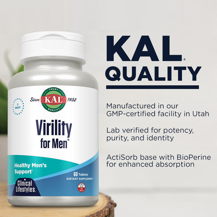 KAL Virility for Men, Men's Wellness Formula for Energy and Stamina, Prostate Support, with B Vitamins, Tribulus Terrestris, Saw Palmetto, 60-Day Guarantee, 30 Serv, 60 Tablets