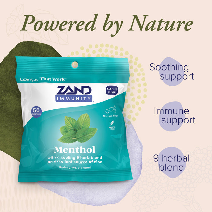 ZAND IMMUNITY Menthol Throat Lozenges - Good-for-You Dry Mouth Lozenges, Immune Support Supplement w/ Chelated Zinc 5mg, Slippery Elm, Soothe a Dry Throat, Naturally Flavored, Vegan, Gluten Free, 50ct