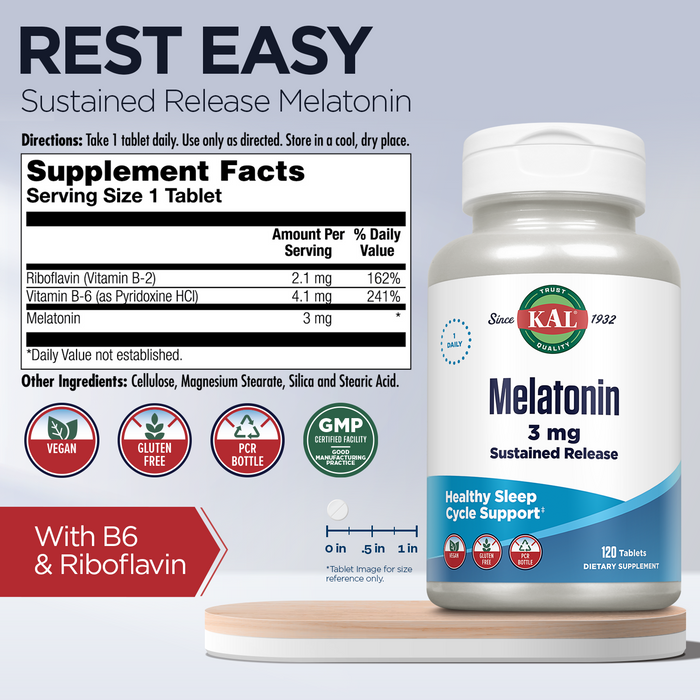 KAL Melatonin 3mg Sustained Release Sleep Aid, Melatonin Supplement Supports Healthy Relaxation, a Calm Feeling and a Proper Sleep Cycle, w/ Added Vitamin B6, Vegan, Gluten Free