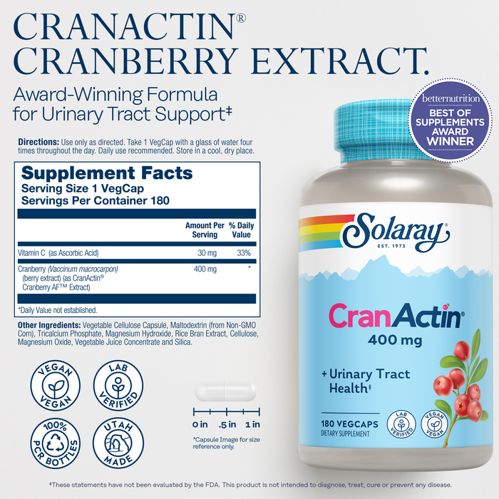 SOLARAY CranActin Cranberry Extract 400 mg - Cranberry Supplements for Women and Men - Bladder and Urinary Tract Health Support with Vitamin C - Vegan, 60-Day Guarantee, 120 Servings, 120 VegCaps