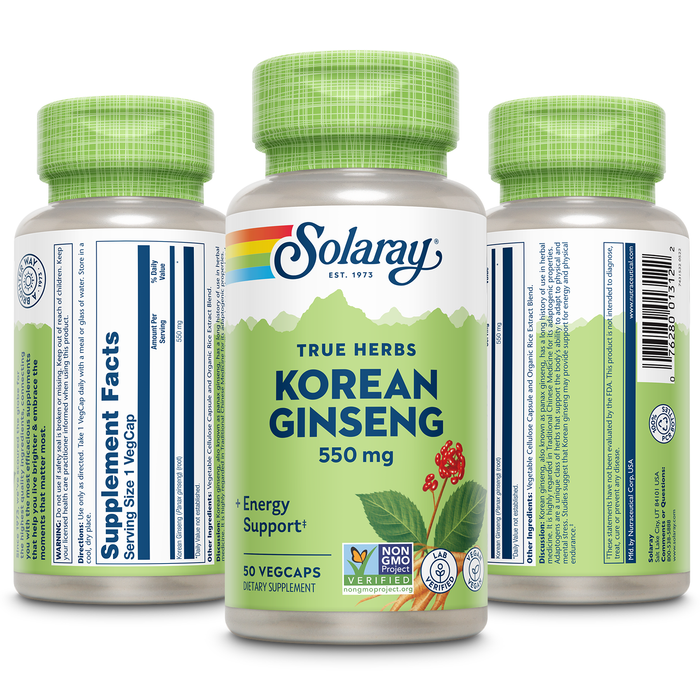 Solaray Korean Ginseng 550 mg - Ginseng Root - Stress, Physical Endurance and Energy Supplements - Non-GMO, Vegan, Lab Verified - 50 Servings, 50 VegCaps