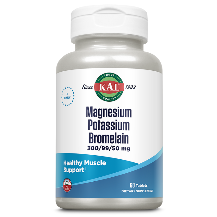 KAL Magnesium Potassium Bromelain, Magnesium Complex for Bone, Heart Health, Muscle Support w/ Magnesium Citrate, Magnesium Malate, Potassium Citrate, Vegetarian, 60-Day Guarantee, 60 Serv, 60 Tablets