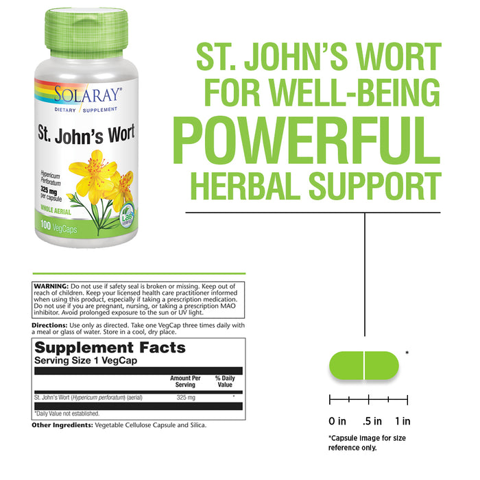 Solaray St Johns Wort 325 mg Whole Aerial - Health and Mood Support Supplement - 60-Day Money Back Guarantee - Non-GMO, Vegan, Lab Verified