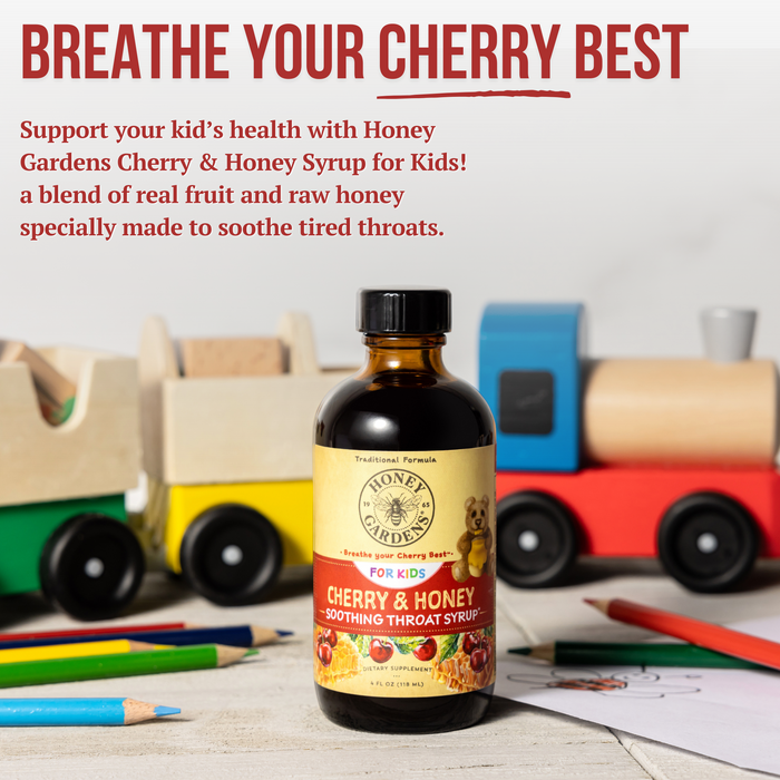 Honey Gardens Kids Cherry & Honey Soothing Throat Syrup, Herbal Infused Raw Honey Syrup, Apitherapy Formula Includes Extracts of Umckaloabo, Black Cherry, Marshmallow, 24 Servings, 4 FL. OZ.