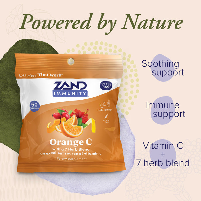 ZAND IMMUNITY Orange C Vitamin C Throat Lozenges - Good-for-You Dry Mouth Lozenges, Immune Support Supplement w/ Vit C - Soothe a Dry Throat, Natural Flavor, Vegan, Gluten Free, 60-Day Guarantee, 50ct