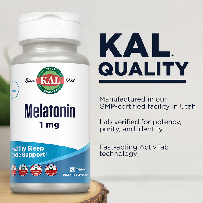 KAL Melatonin 1mg, Fast Acting Melatonin Tablets, Calming Relaxation and Sleep Cycle Support, Vegan, Gluten Free, Non-GMO, 60-Day Guarantee, 120 Servings, 120 Tablets