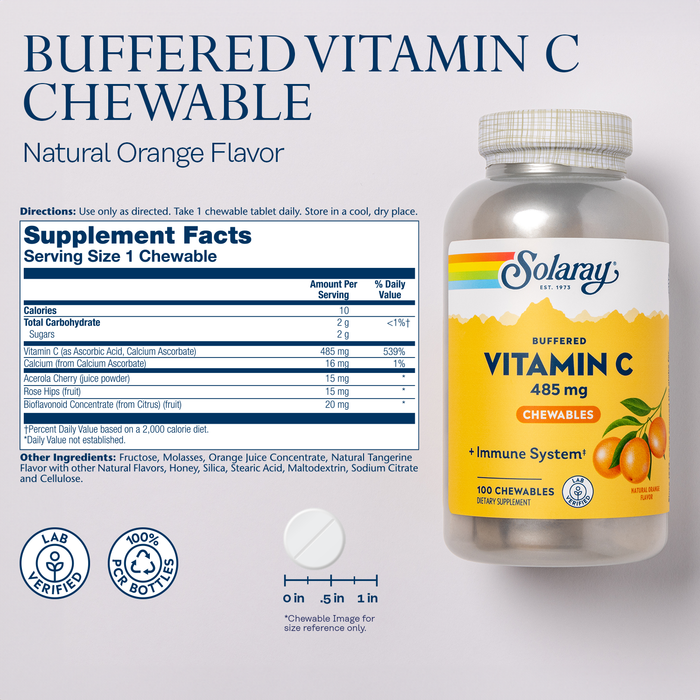 SOLARAY Chewable Vitamin C with Rose Hips and Acerola Cherry - Buffered Vitamin C for Gentle Digestion - Immune Support Supplement - Natural Orange Flavor, 60-Day Guarantee, 100 Serv, 100 Chewables