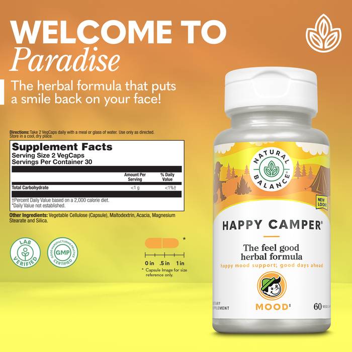 Natural Balance Happy Camper - Feel-Good Mood Support Supplement - Gotu Kola, Passion Flower, and Kava Kava Capsules - 60-Day Guarantee (30 Servings, 60 VegCaps)