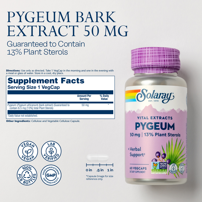 SOLARAY Pygeum Bark Extract 50mg - Pygeum Supplement for Prostate Health Support - Guaranteed to Contain 6.5mg Plant Sterols Like Beta Sitosterol, Non-GMO, Vegan, 60-Day Guarantee, 60 Serv, 60 VegCaps