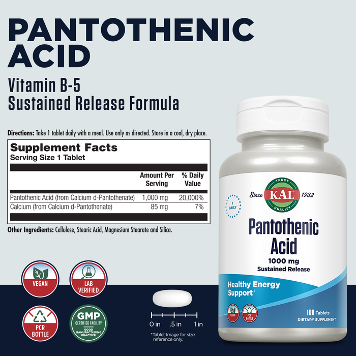 KAL Pantothenic Acid 1000mg, Sustained Release Vitamin B5 - Energy Supplements - Supports Metabolism of Carbs, Fat and Protein, Hair and Skin Health, Vegan, 60-Day Guarantee, 100 Servings, 100 Tablets