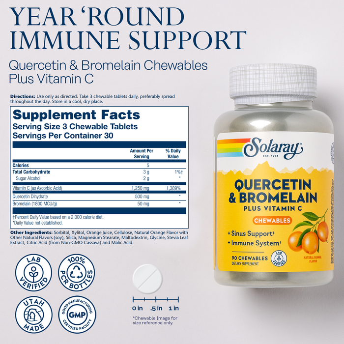 SOLARAY Quercetin with Bromelain and Vitamin C Chewables - Immune Support Supplement - Immune Defense and Heart Health Complex with 1250mg Vit C, Natural Orange Flavor, 60-Day Guarantee, 30 Serv, 90ct