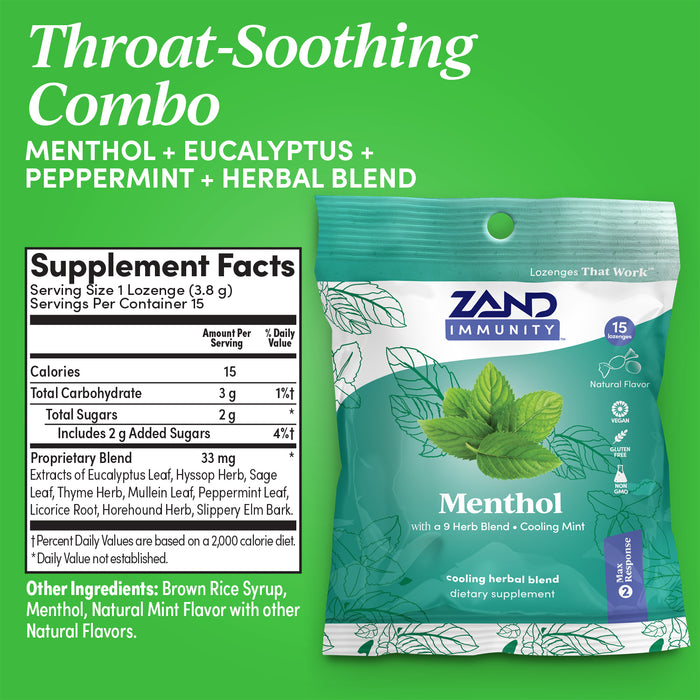 Zand Immunity Menthol HerbaLozenge Cough Drops | Peppermint, Eucalyptus, Herb Blend | No Corn Syrup (3 Bags, 15 Lozenges)