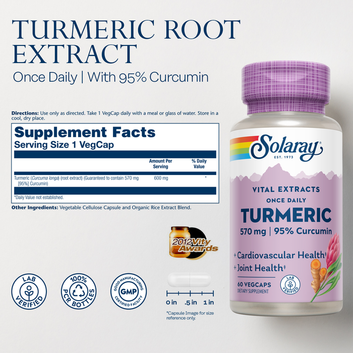 Solaray Turmeric Root Extract 570 mg - Turmeric Curcumin Capsules - With 95% Curcumin - Heart Health and Joint Health Support - Lab Verified, 60-Day Guarantee - 60 Servings, 60 VegCaps (60 CT)